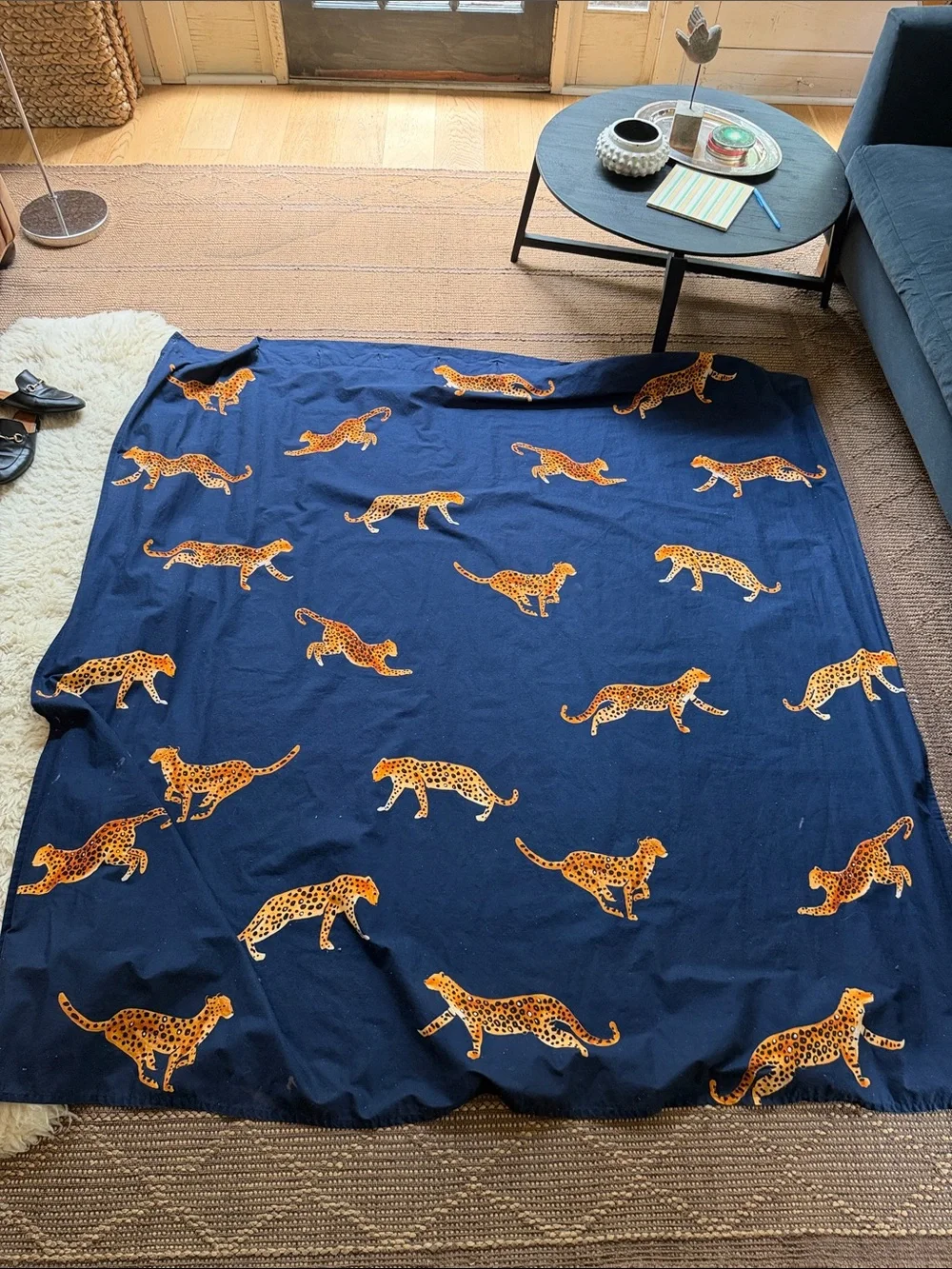 Anthropologie Navy/Orange Cheetah Print shower curtain discontinued